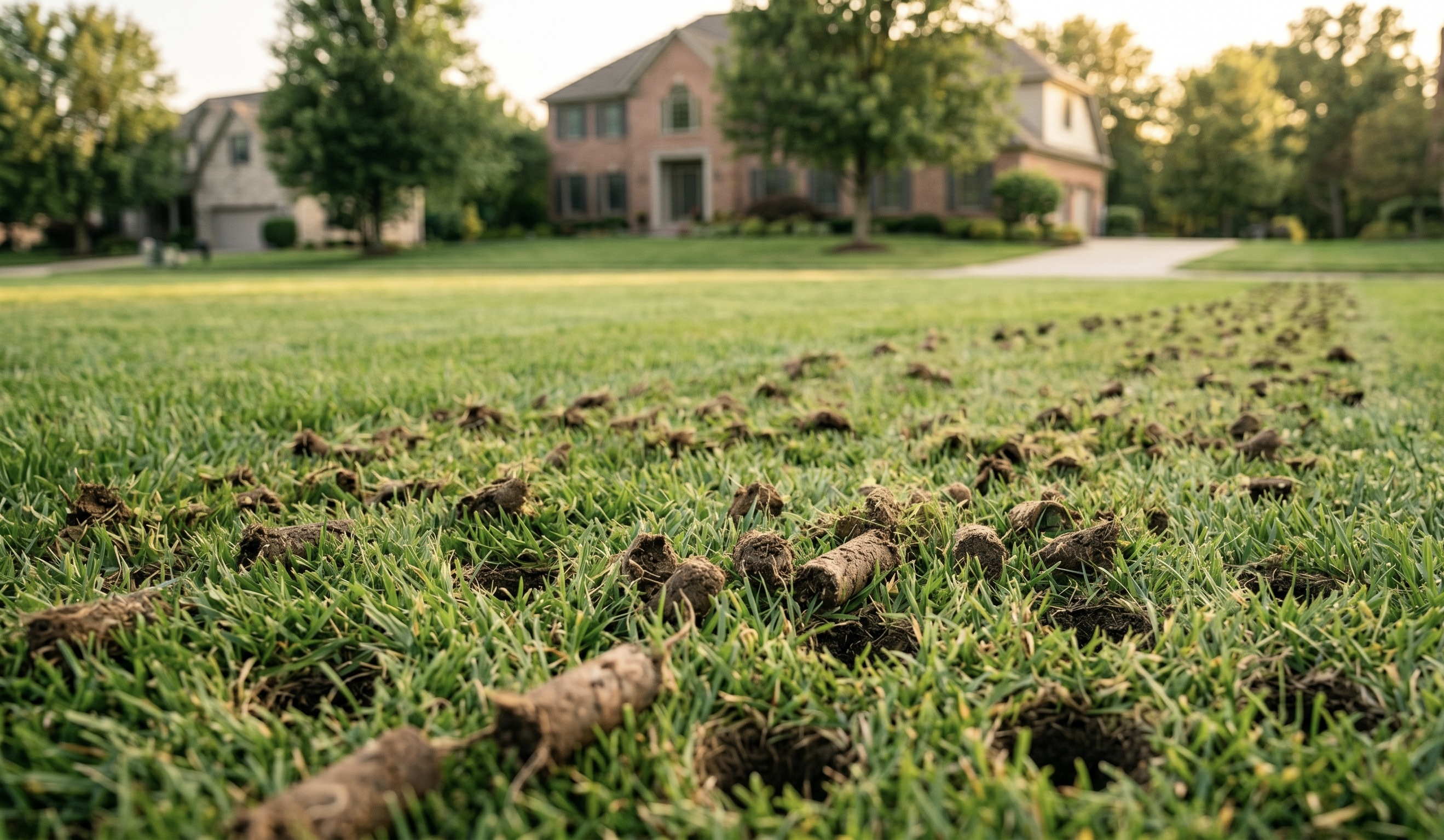 Freshly core-aerated lawn with soil plugs in front of a home