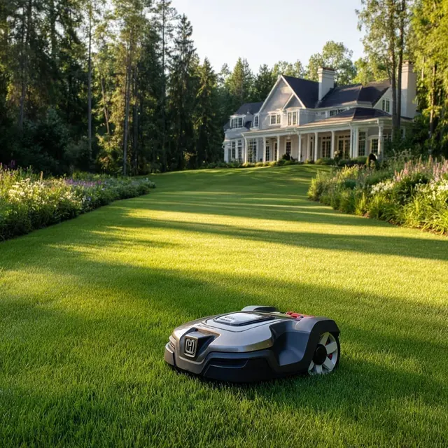 Trimly robotic mower maintaining a pristine, freshly striped residential front lawn at a stately home